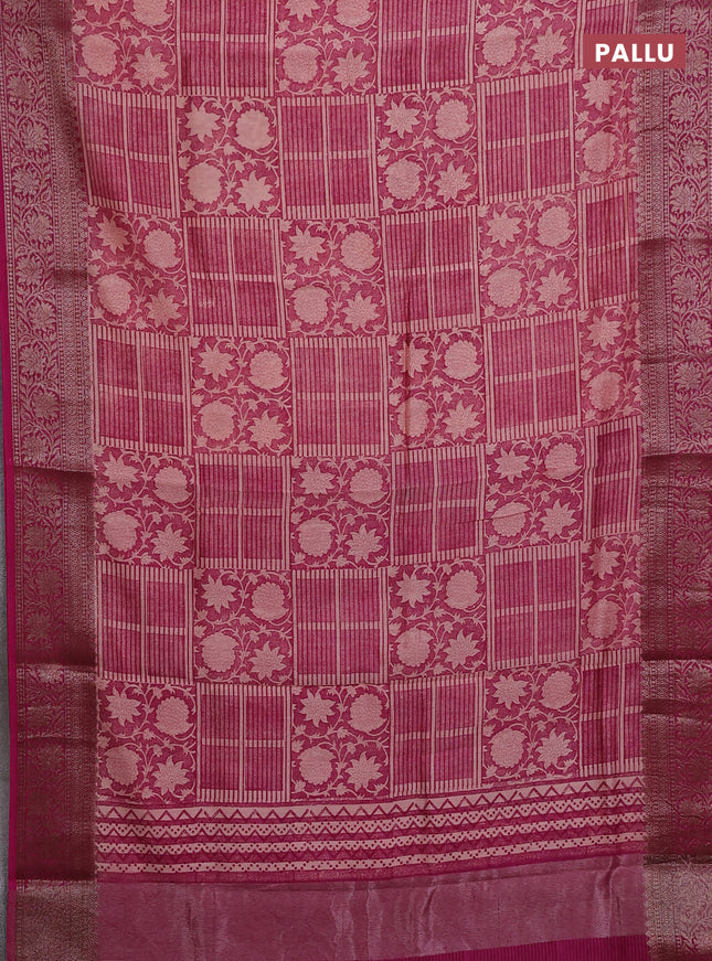 Chanderi silk cotton saree peach shade and pink with allover prints and banarasi style border