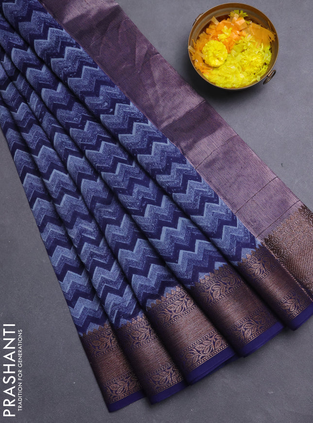 Chanderi silk cotton saree pastel blue and blue with allover zig zag prints and banarasi style border