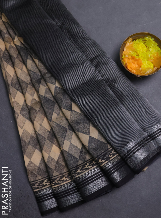 Chanderi silk cotton saree black with allover geometric prints and silver zari woven border