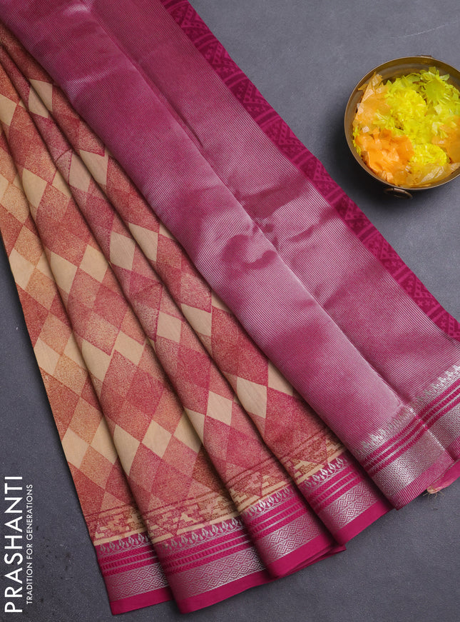 Chanderi silk cotton saree pink with allover geometric prints and silver zari woven border
