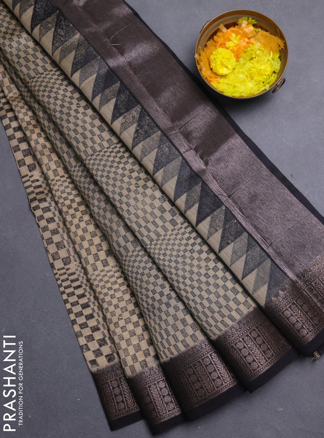 Chanderi silk cotton saree black with allover geometric prints and banarasi style border