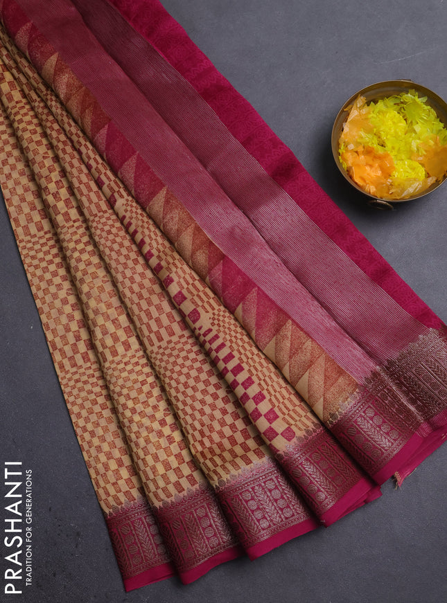 Chanderi silk cotton saree pink with allover geometric prints and banarasi style border