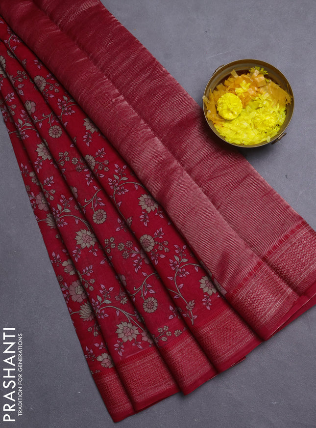 Chanderi silk cotton saree maroon with allover floral prints and woven border