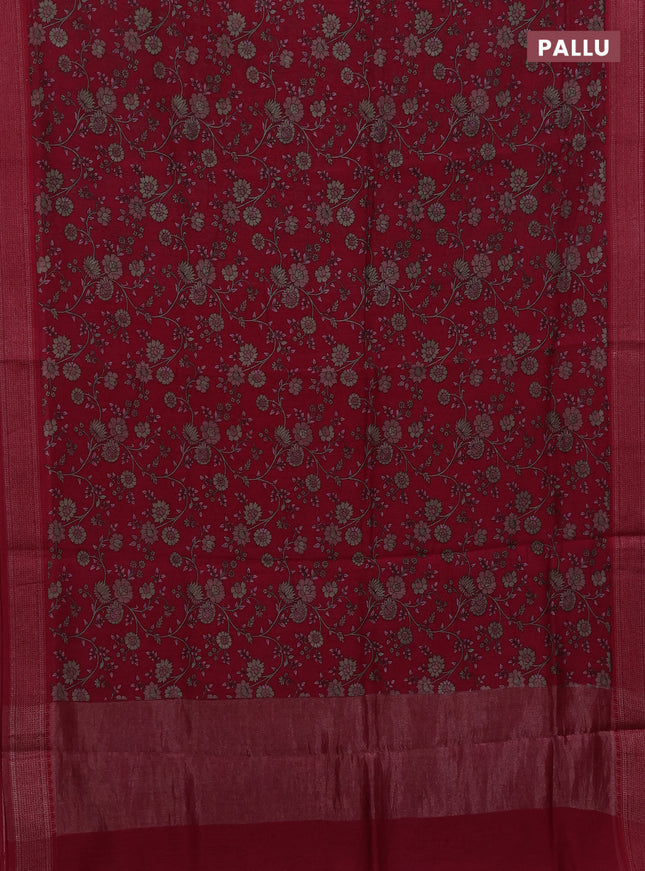 Chanderi silk cotton saree maroon with allover floral prints and woven border