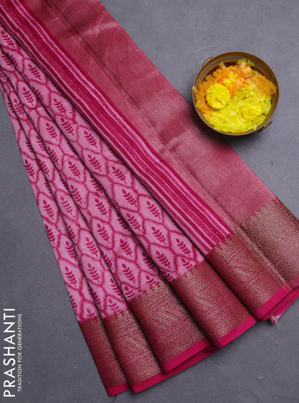 Chanderi silk cotton saree magenta pink with allover prints and banarasi style border