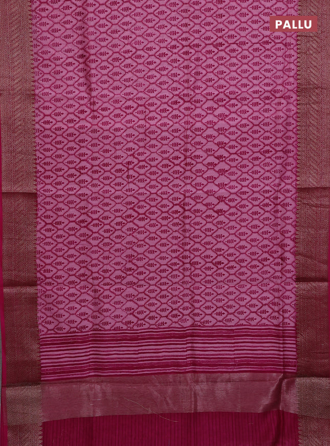 Chanderi silk cotton saree magenta pink with allover prints and banarasi style border