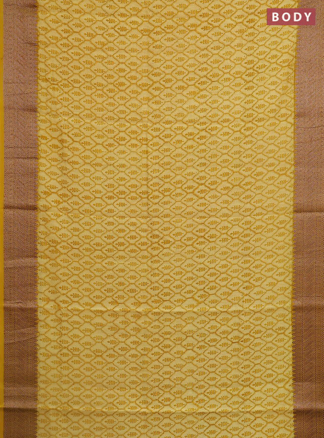 Chanderi silk cotton saree mustard yellow with allover prints and banarasi style border
