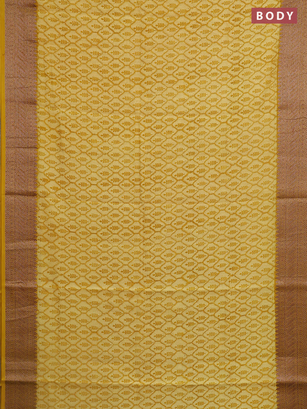 Chanderi silk cotton saree mustard yellow with allover prints and banarasi style border