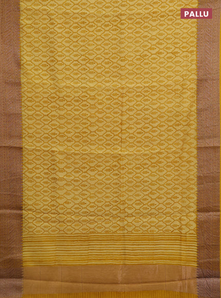 Chanderi silk cotton saree mustard yellow with allover prints and banarasi style border