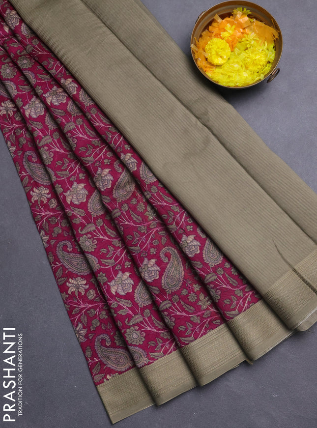 Chanderi silk cotton saree magenta pink and pastel green with allover paisley prints and woven border