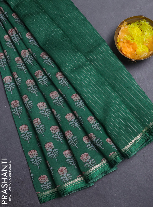 Chanderi silk cotton saree green with allover floral prints and zari woven border