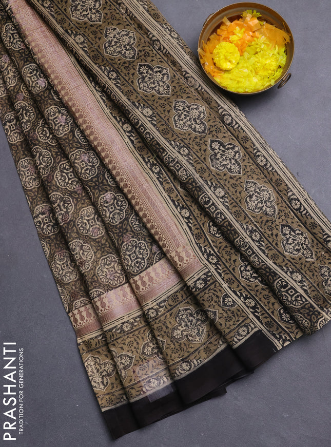 Chanderi silk cotton saree sandal and black with allover ajrakh prints & woven butats and printed border
