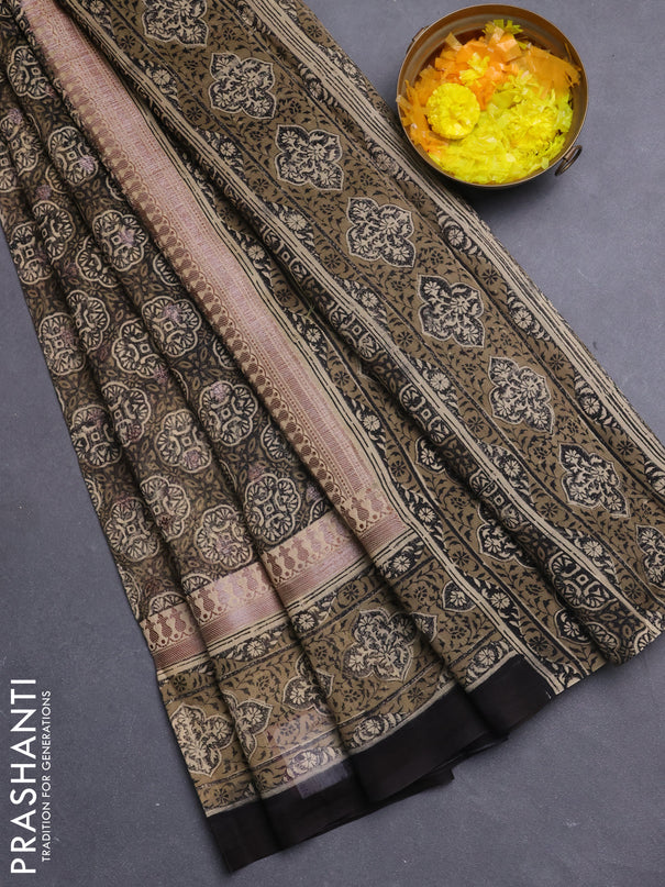 Chanderi silk cotton saree sandal and black with allover ajrakh prints & woven butats and printed border