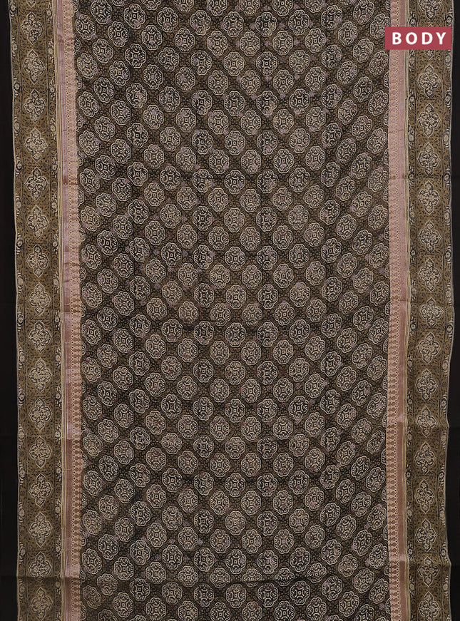 Chanderi silk cotton saree sandal and black with allover ajrakh prints & woven butats and printed border