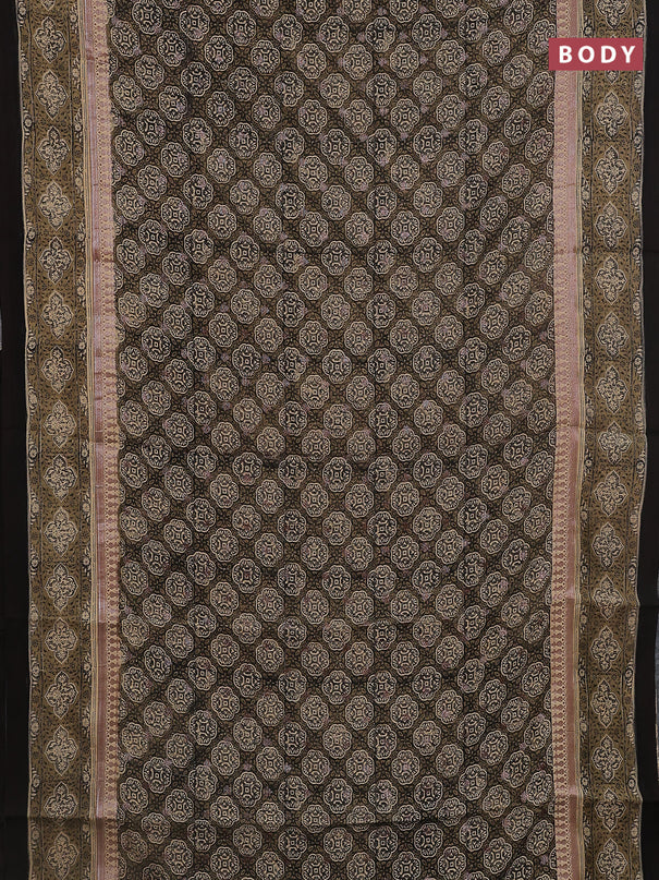 Chanderi silk cotton saree sandal and black with allover ajrakh prints & woven butats and printed border