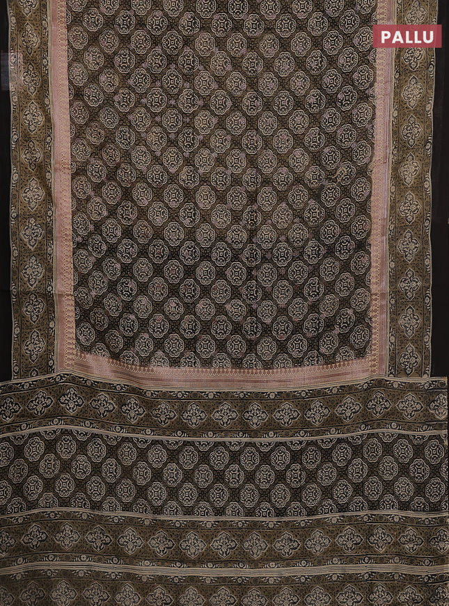 Chanderi silk cotton saree sandal and black with allover ajrakh prints & woven butats and printed border