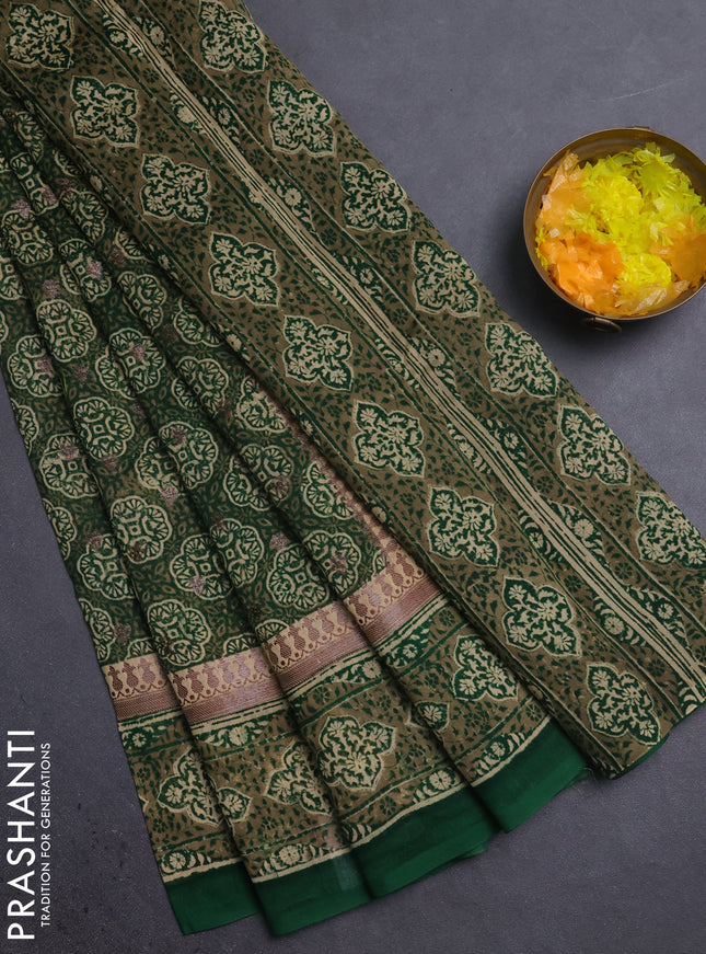 Chanderi silk cotton saree green with allover prints & woven buttas and woven border