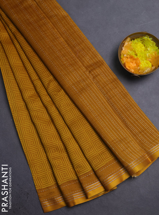 Chanderi silk cotton saree mustard yellow with allover geometric prints and kanth stitch work border