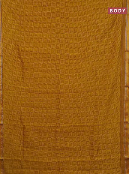 Chanderi silk cotton saree mustard yellow with allover geometric prints and kanth stitch work border