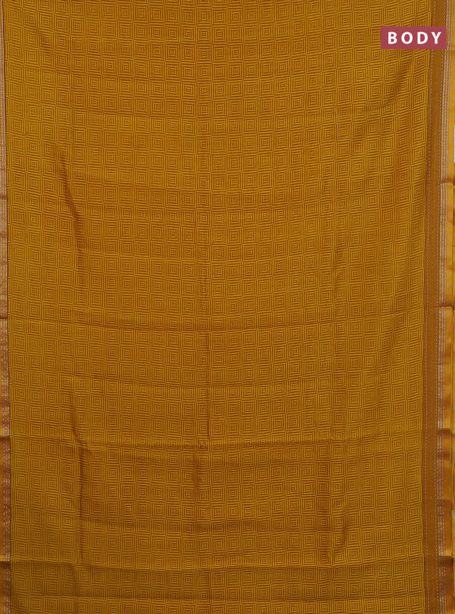 Chanderi silk cotton saree mustard yellow with allover geometric prints and kanth stitch work border