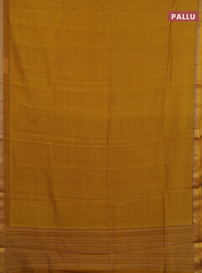 Chanderi silk cotton saree mustard yellow with allover geometric prints and kanth stitch work border
