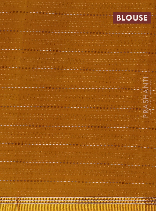 Chanderi silk cotton saree mustard yellow with allover geometric prints and kanth stitch work border