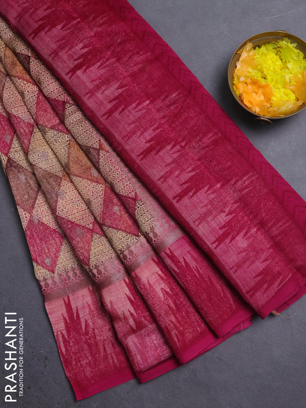 Chanderi silk cotton saree sandal and magenta pink with allover geometric prints & woven buttas and temple design border