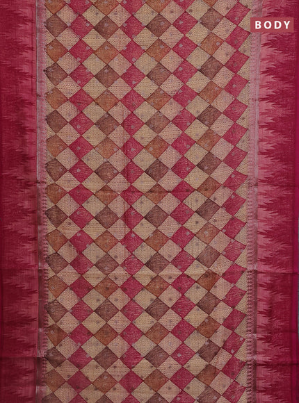 Chanderi silk cotton saree sandal and magenta pink with allover geometric prints & woven buttas and temple design border