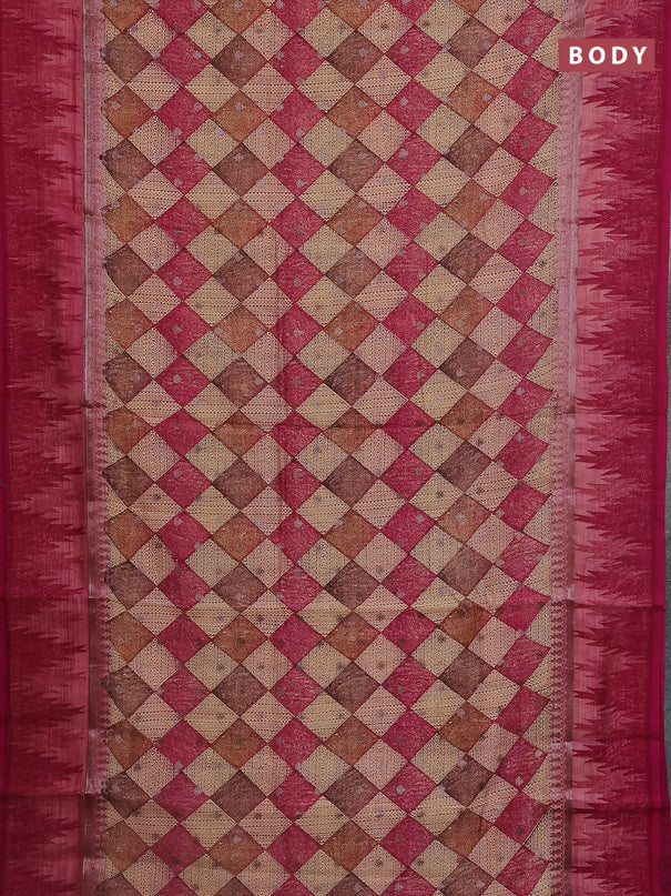 Chanderi silk cotton saree sandal and magenta pink with allover geometric prints & woven buttas and temple design border