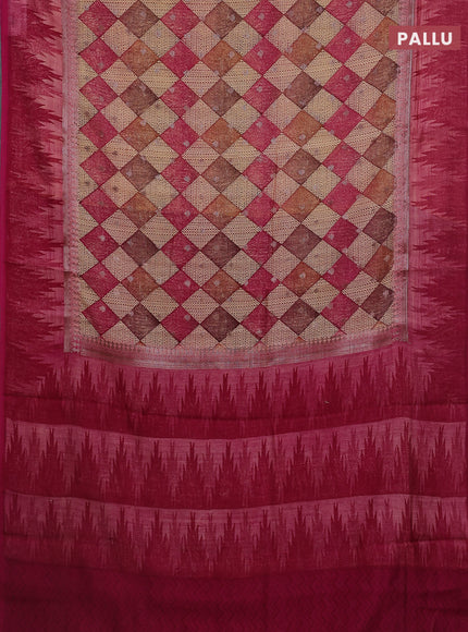 Chanderi silk cotton saree sandal and magenta pink with allover geometric prints & woven buttas and temple design border