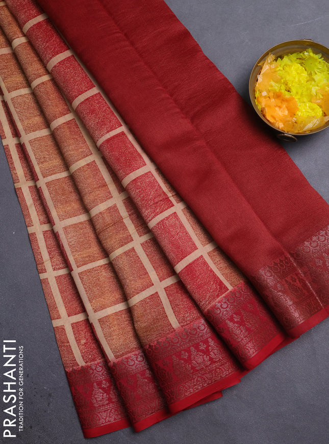 Chanderi silk cotton saree sandal and red with allover geometric prints and banarasi style border