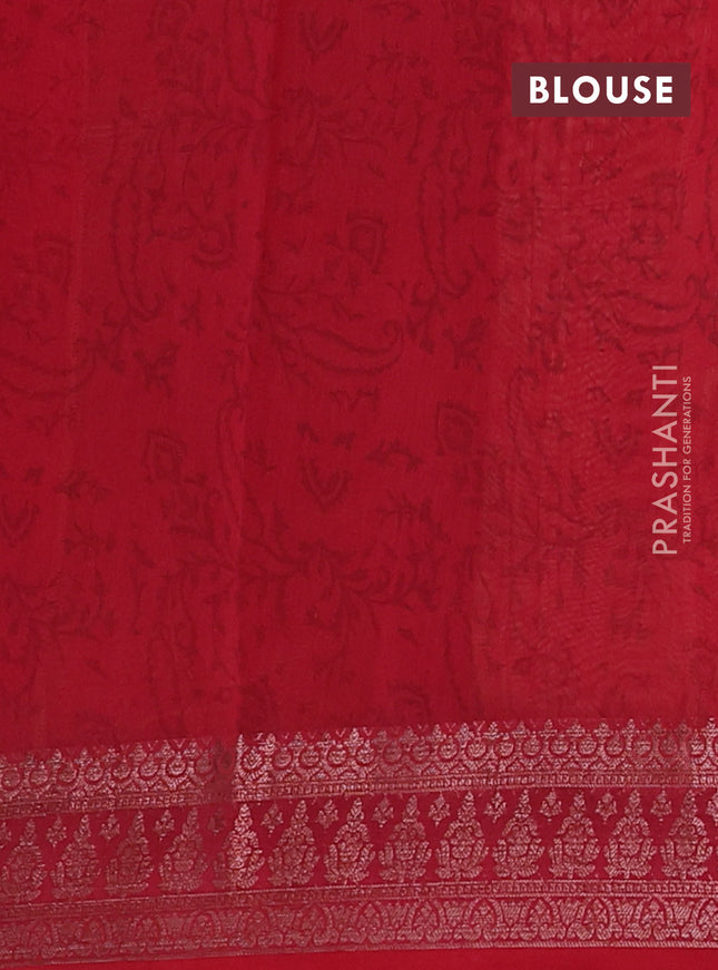 Chanderi silk cotton saree sandal and red with allover geometric prints and banarasi style border