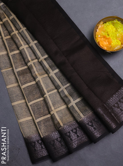 Chanderi silk cotton saree sandal and black with allover geometric prints and banarasi style border