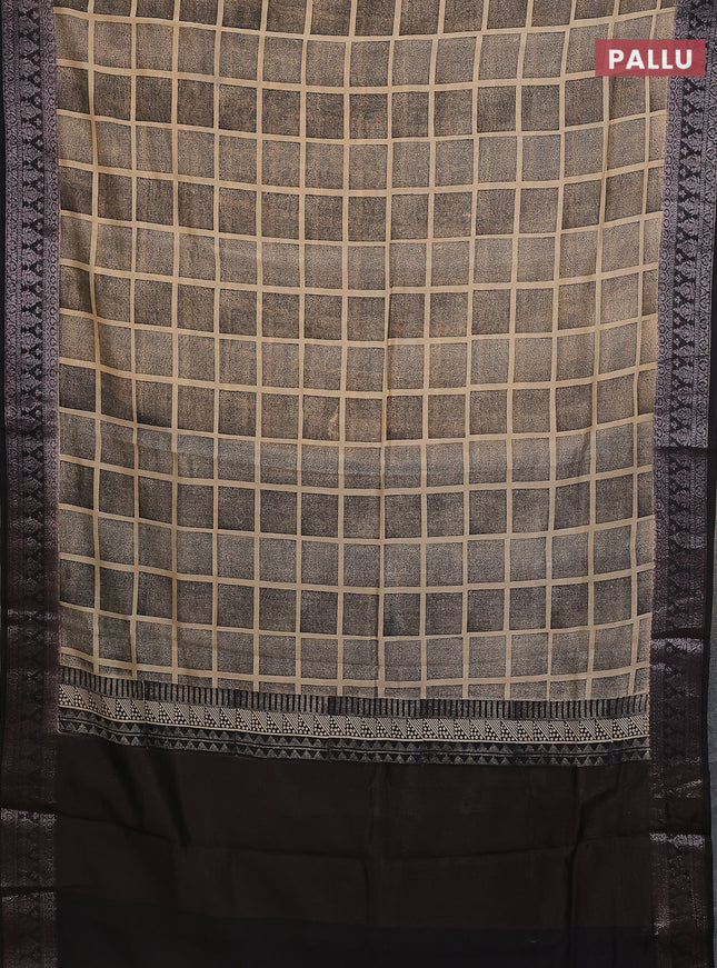 Chanderi silk cotton saree sandal and black with allover geometric prints and banarasi style border