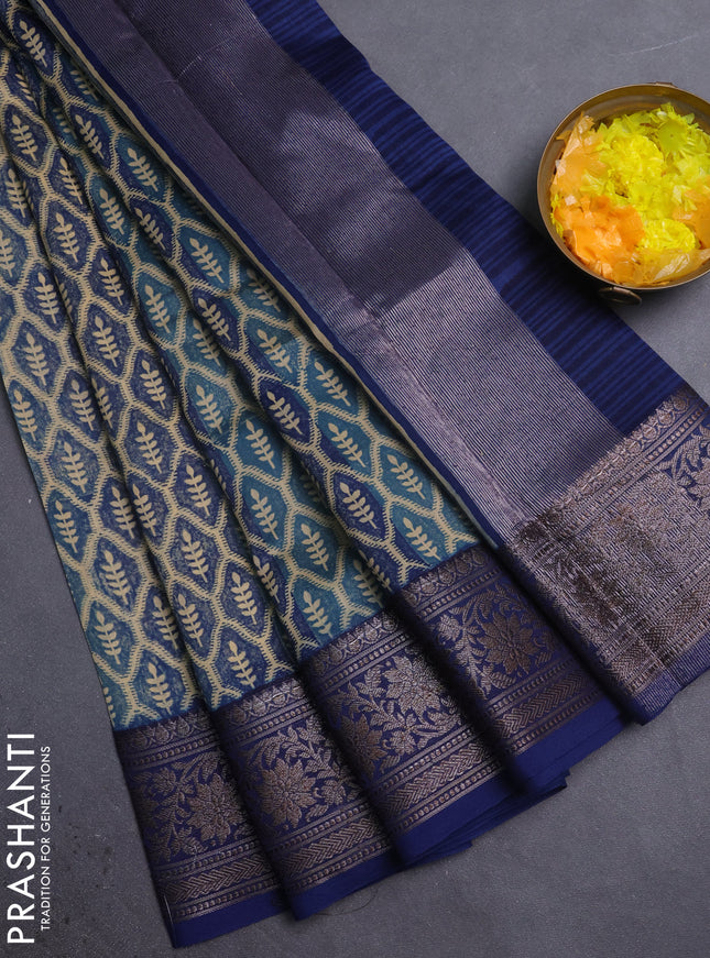 Chanderi silk cotton saree navy blue with allover prints and banarasi style border