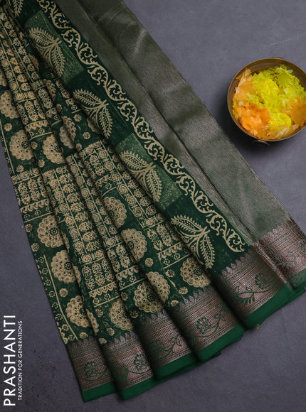 Chanderi silk cotton saree sandal and green with allover prints and banarasi style border
