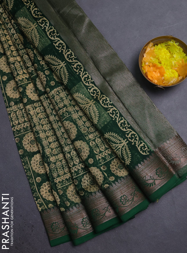 Chanderi silk cotton saree sandal and green with allover prints and banarasi style border