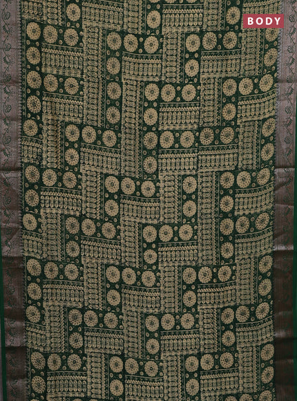 Chanderi silk cotton saree sandal and green with allover prints and banarasi style border