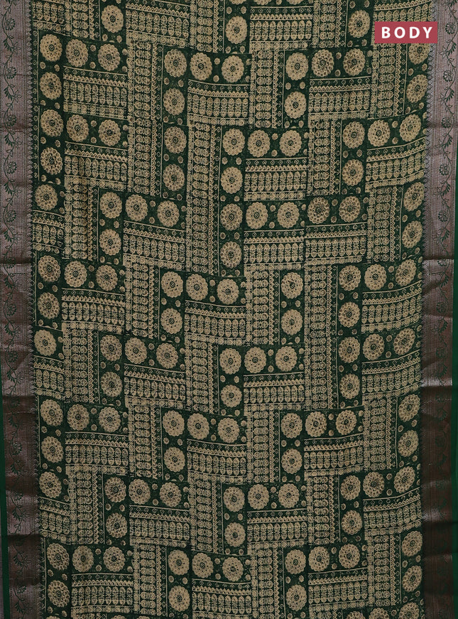 Chanderi silk cotton saree sandal and green with allover prints and banarasi style border