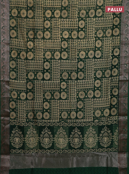Chanderi silk cotton saree sandal and green with allover prints and banarasi style border