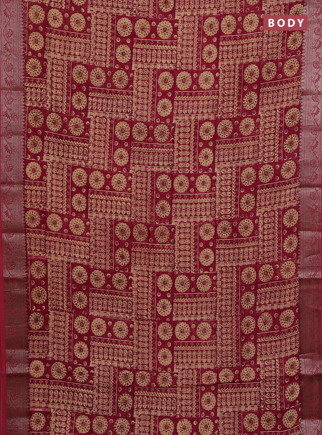 Chanderi silk cotton saree sandal and wine shade with allover prints and banarasi style border