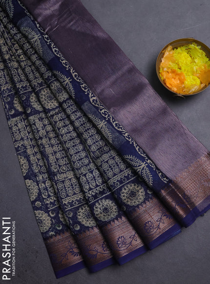 Chanderi silk cotton saree navy blue with allover prints and banarasi style border