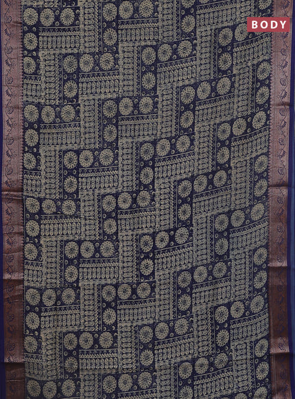 Chanderi silk cotton saree navy blue with allover prints and banarasi style border