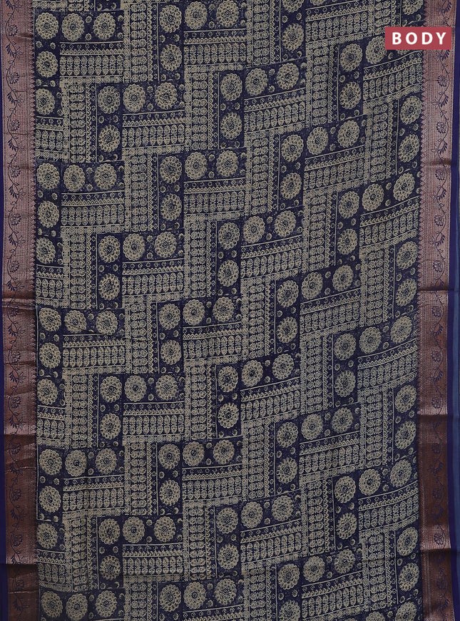 Chanderi silk cotton saree navy blue with allover prints and banarasi style border