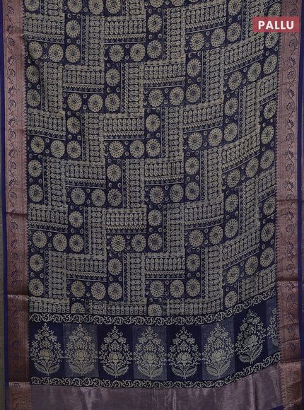 Chanderi silk cotton saree navy blue with allover prints and banarasi style border