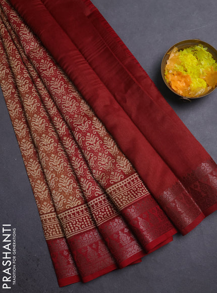 Chanderi silk cotton saree sandal and maroon with allover prints and banarasi style border