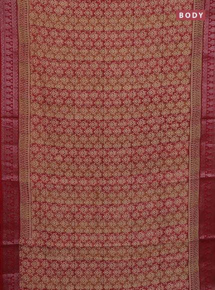 Chanderi silk cotton saree sandal and maroon with allover prints and banarasi style border