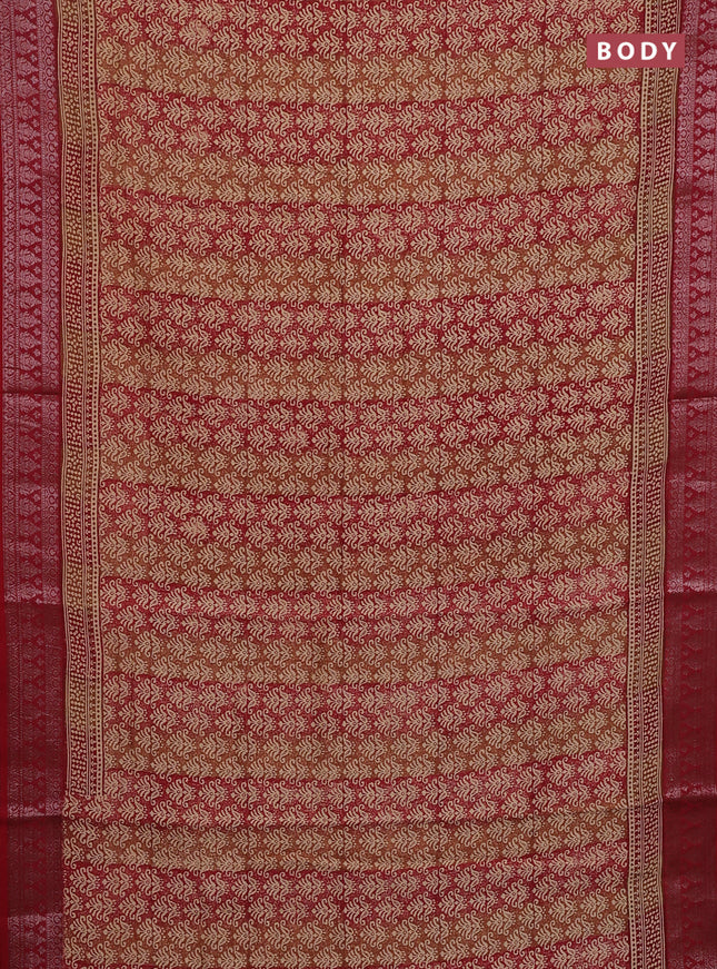Chanderi silk cotton saree sandal and maroon with allover prints and banarasi style border