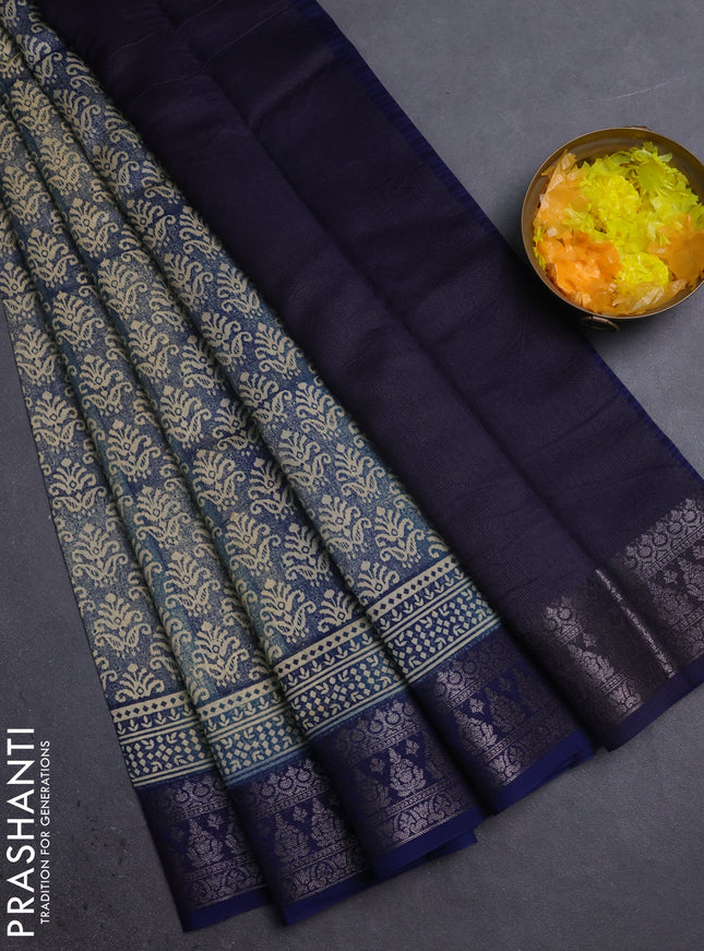 Chanderi silk cotton saree sandal and navy blue with allover prints and banarasi style border