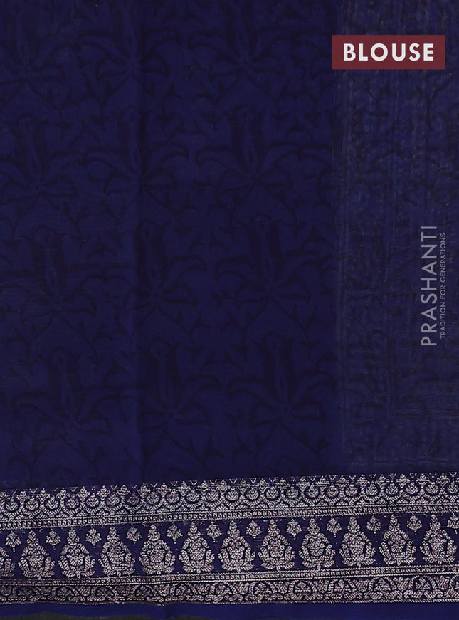 Chanderi silk cotton saree sandal and navy blue with allover prints and banarasi style border
